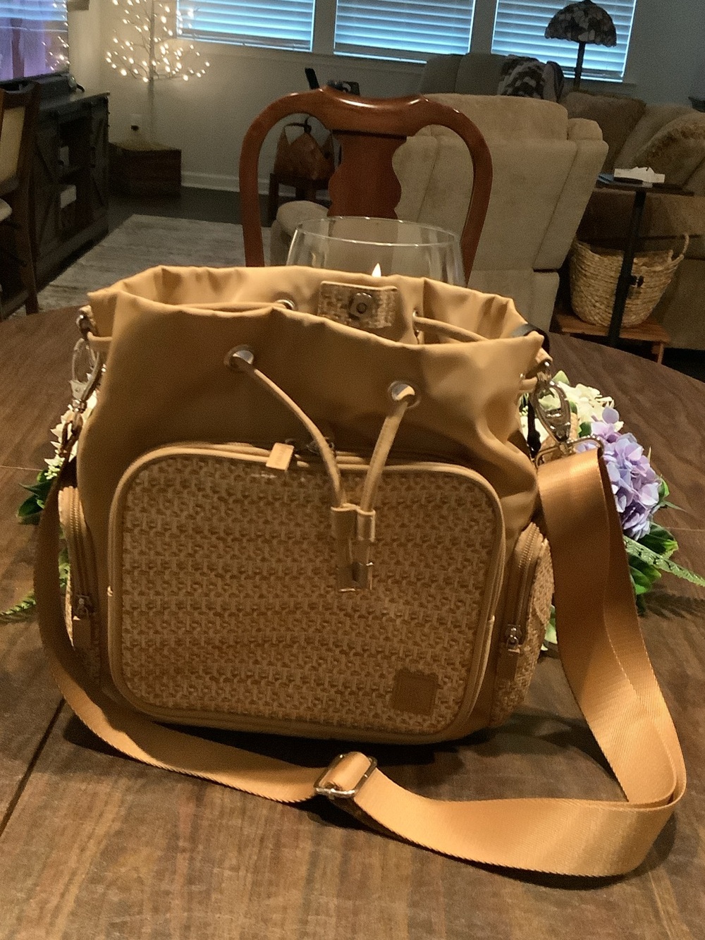 HKWIP raffia Tan Women's Drawstring Shoulder Bag with Woven Front Pocket new